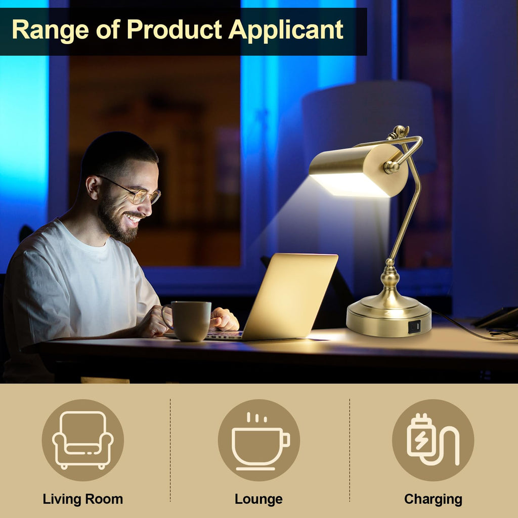 Classic Antique Touch Adjustable Desk Lamp, Banker Lamp, Piano Lamp, Eye Protection Table Lamp with Output Charging Port (LED Bulb Included in Package) (Bronze)