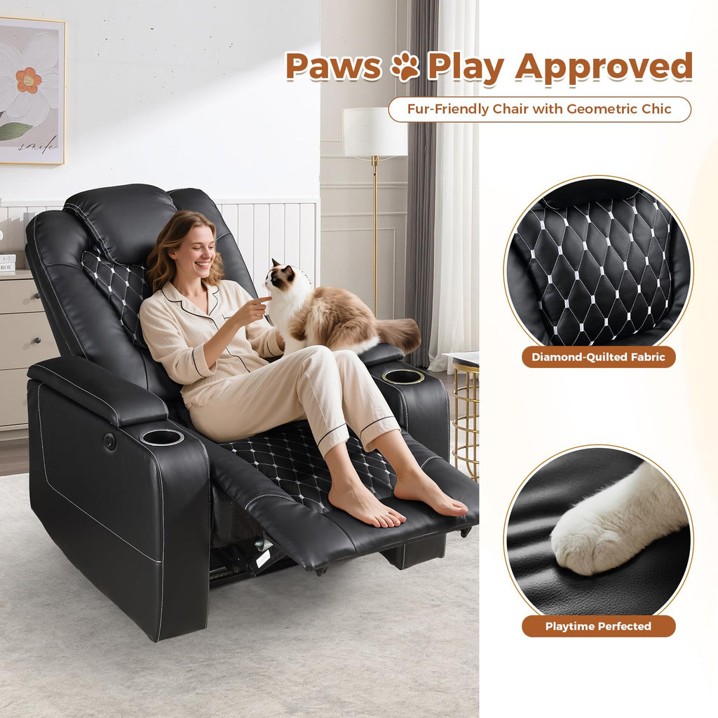 Power Recliner Chair Set of 7, Electric Soft Faux Leather Reclining Home Theater Seating - USB Ports, Cup Holders, Hidden Arm Storage Movie & Media Room Chairs (Black)