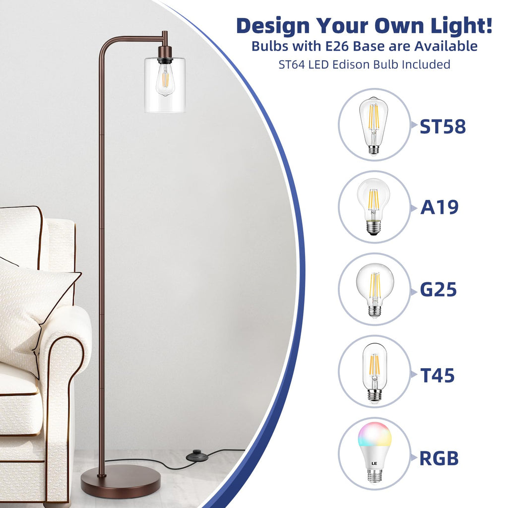 Oil Rubbed Brown Industrial Floor Lamp with Hanging Glass Shade