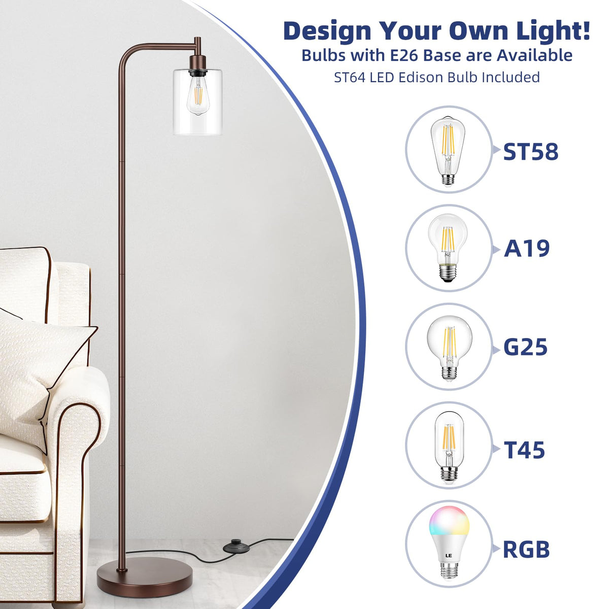 Oil Rubbed Brown Industrial Floor Lamp with Hanging Glass Shade