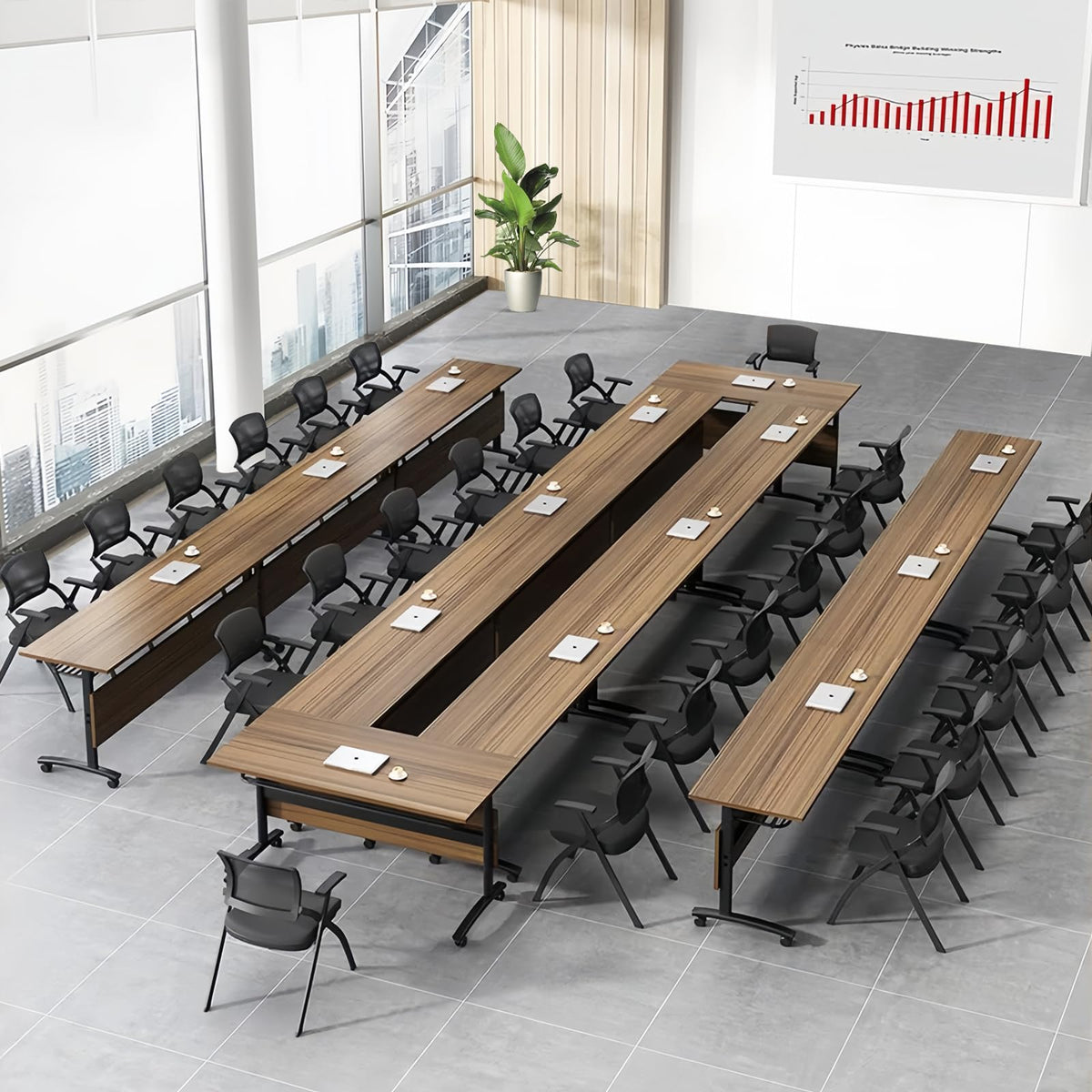 Folding Conference Table, Flip-Top, 47.2in, Walnut, Set of 4