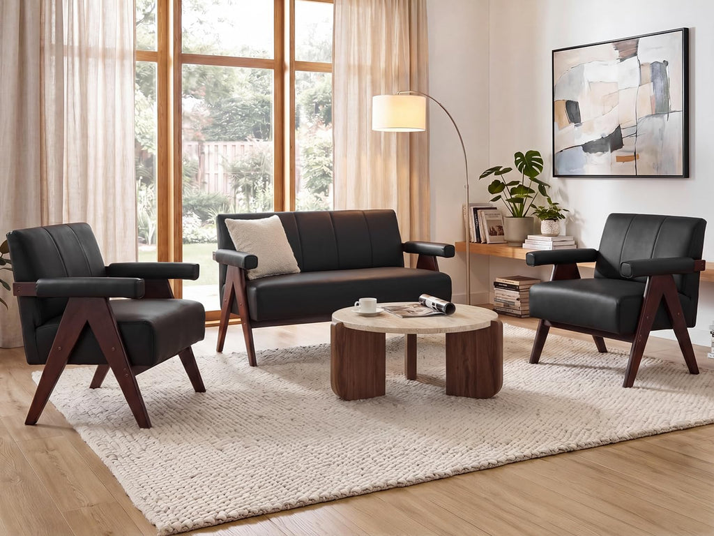 Black Leather Loveseat Sofa and Accent Chairs Set of 2, Mid-Century Modern Office Furniture Couch and Chair Set, Small Love Seat Couches with Wood Arm, 3 Pieces Living Room Furniture Sets (3)