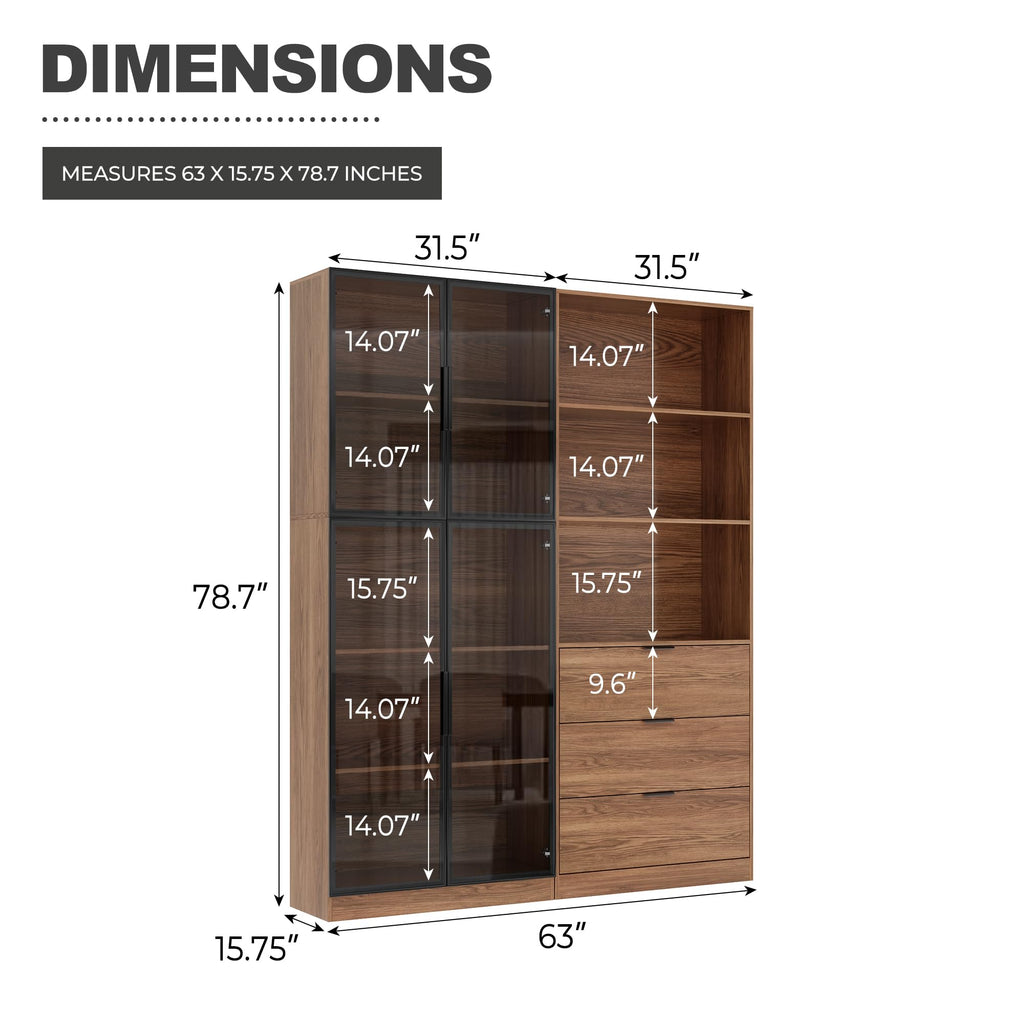 78.7" H Tall Bookcase Storage Cabinet with LED Lights and Drawers, 5 Tier Wood Storage Shelves with Glass Doors, Expandable Bookshelf Display Cabinet for Living Room, Home Office (A+B)
