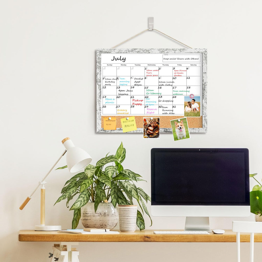 Dry Erase Calendar for Wall, 17x13 Inches Whiteboard Calendar Cork Board Combo, Magnetic Small White Board with Wood Framed, Hanging Dry Erase Board for Office Kitchen Home Planner Memo