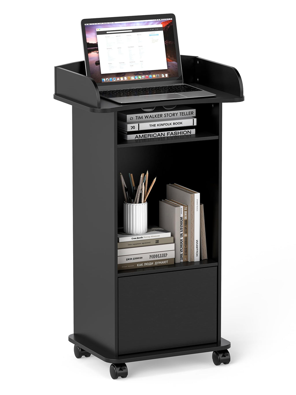 Podium Stand with Wheels Wooden Lectern Podium Stand Portable Pulpit Standing with Storage Mobile Reception Podiums Desk for Church Office School Conference Restaurant Meeting, Black