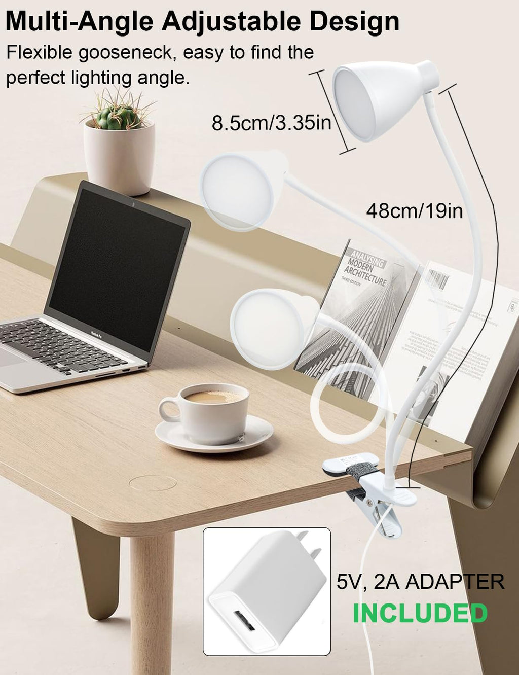 Clamp Lamp 5 Color Modes 10 Brightness Dimmer Bedside Lamp, White