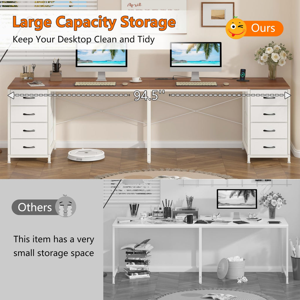 95'' Two Person Desk with 8 Drawers, Long Office Desk with Charging Station, 2 Person Desks Double Desk Writing Study Table for Home Office, Brown and White