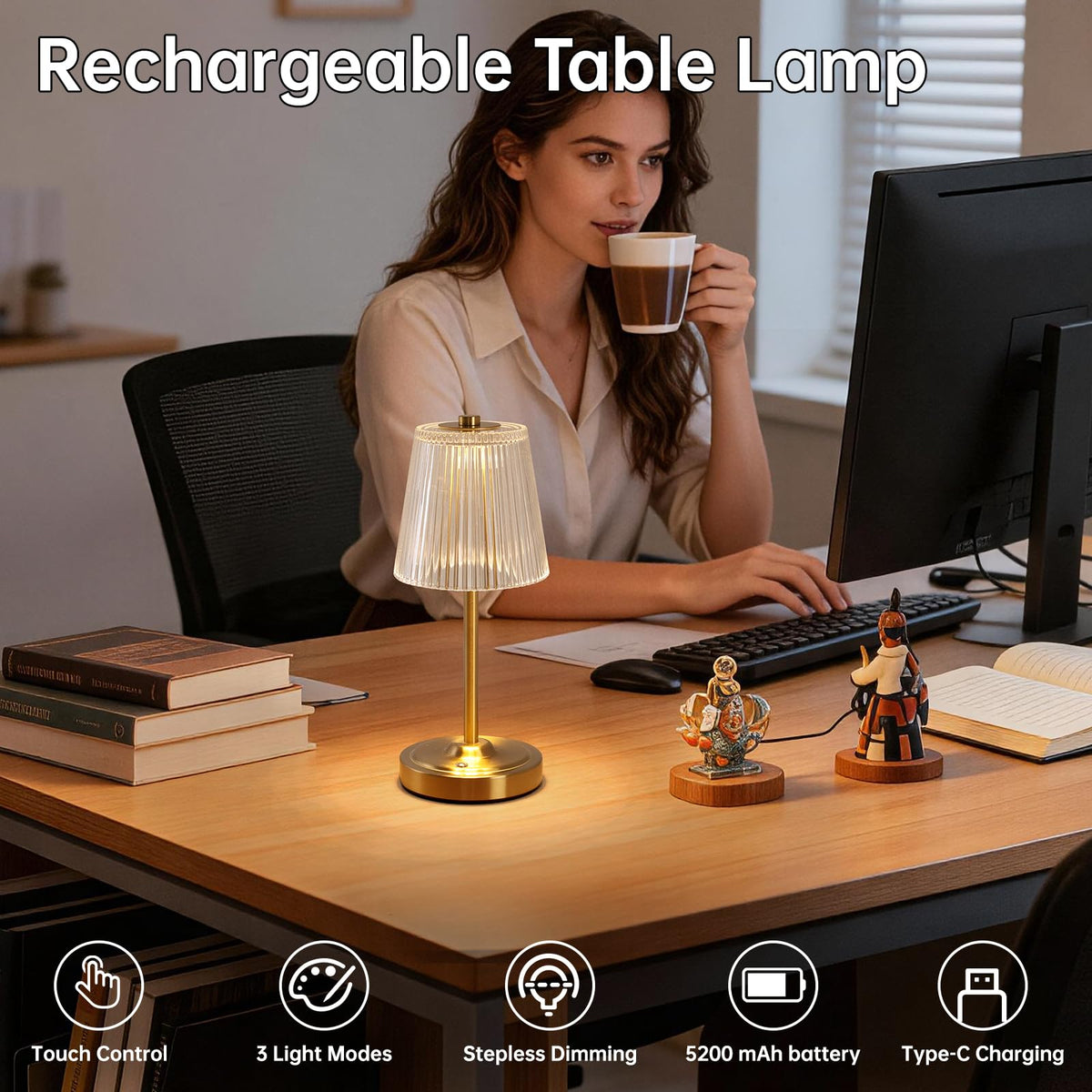 Cordless Touch Table Lamp with 5200mAh Battery - 3 Adjustable Color Temperatures & Dimmable, Rechargeable Lamp for Bedroom, Living Room, Office, Entryway, Bookshelves (Transparent Stripe)