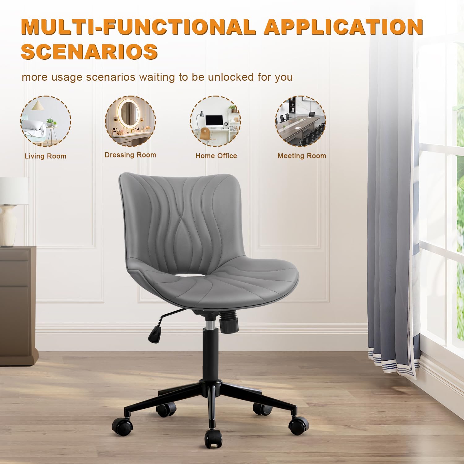Armless Office Chair, Height Adjustable Desk Chair with Wheels, Ergonomic Comfy 360° Swivel Home Office Computer Task Chair, Faux Leather Padded Cute Vanity Chair, Gray