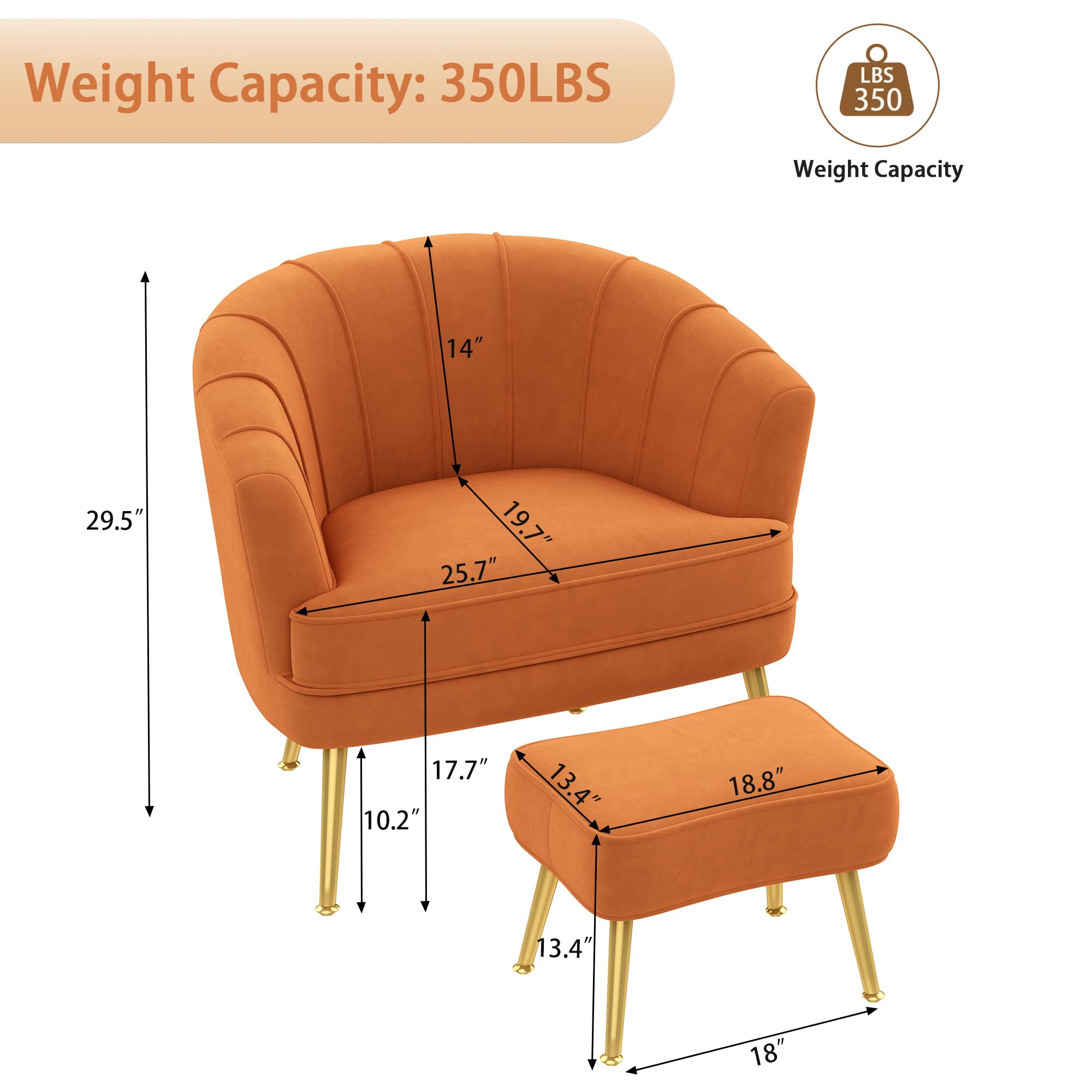 Velvet Accent Chair with Ottoman,Upholstered Modern Single Sofa Side Chair,Comfy Barrel Club Living Room Armchair with Golden Metal Legs for Office Bedroom Living Reading Room ,Caramel Orange