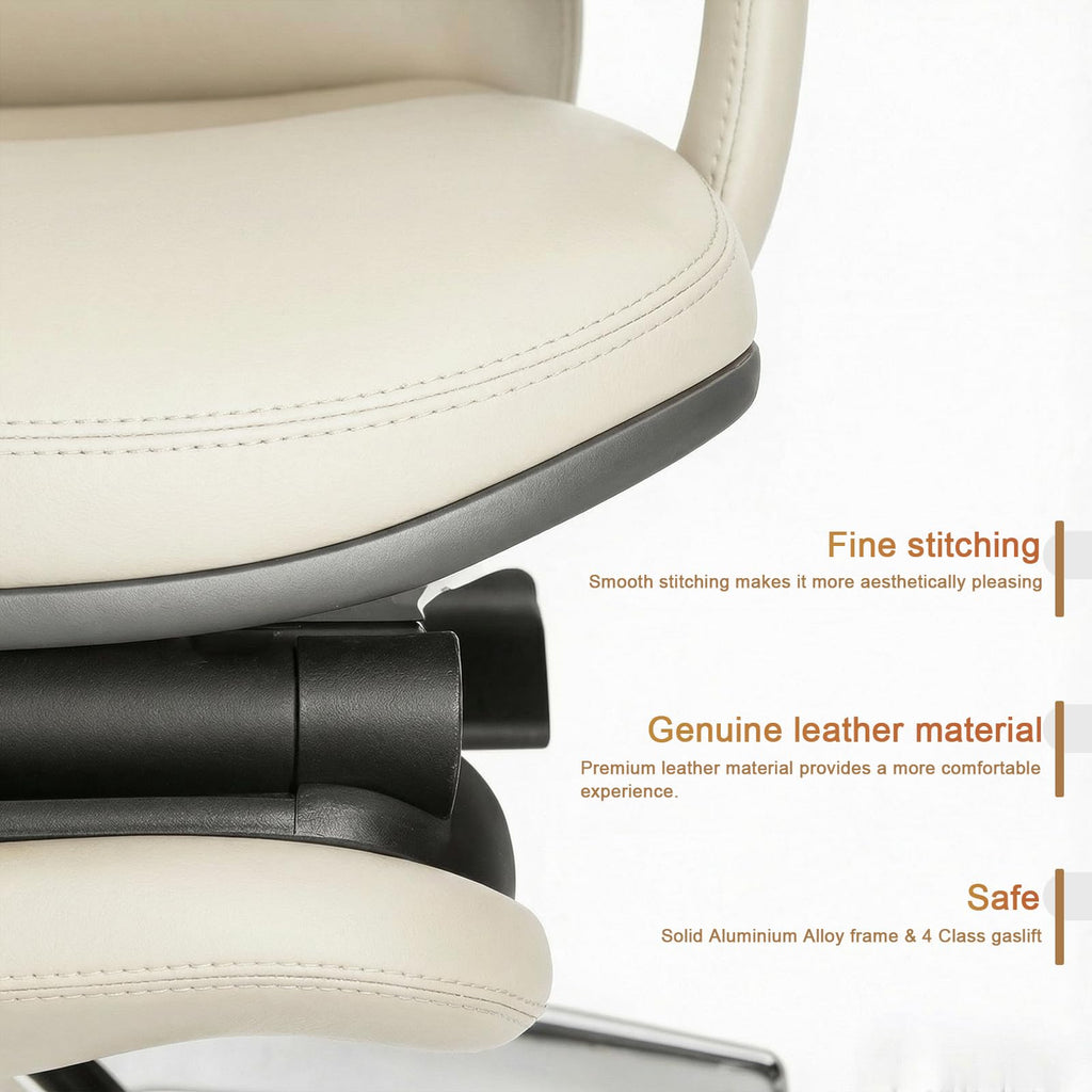 Genuine Leather Office Chair with Flexible Footrest, High Back Executive Office Chair with Lumbar Support, Adjustable Tilt Mechanism, Weight Capacity 400 lbs (White)