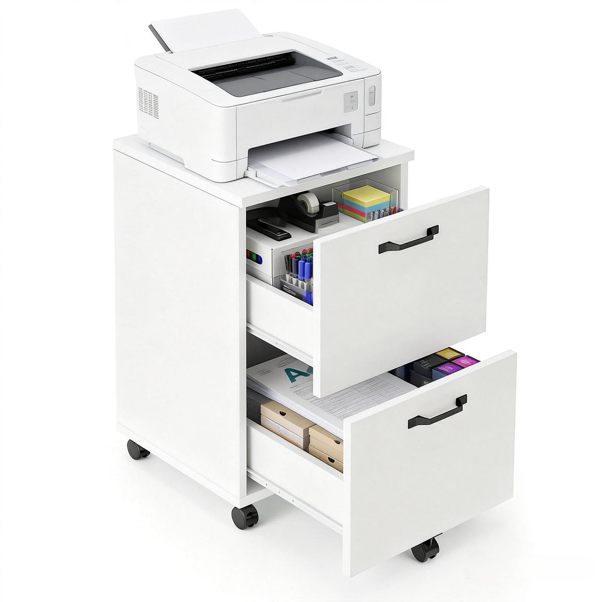 2 Drawer Filing Cabinet, Wood Rolling Filing Cabinets with Printer Stand, Under Desk Storage Lockable Wheels, Home Office Organizer for A4 Letter Legal Size Documents,White