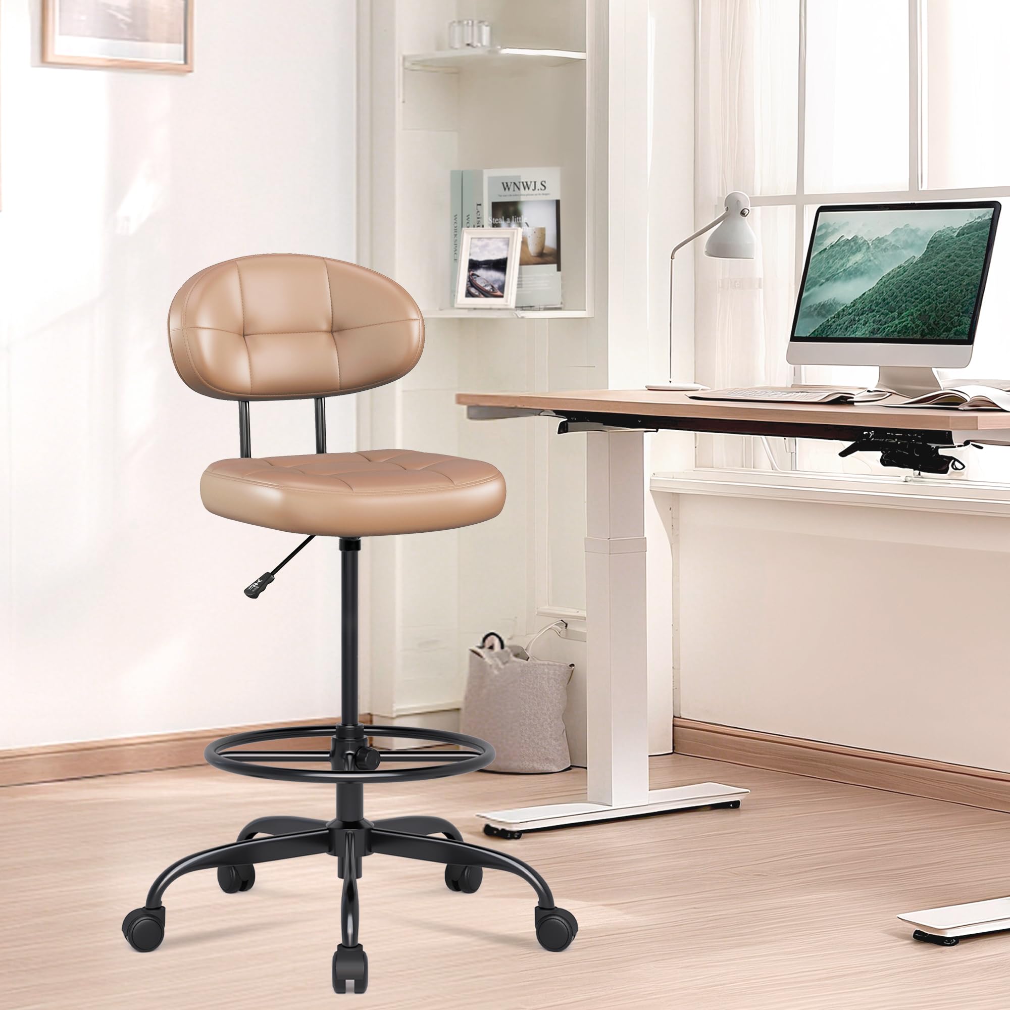 Drafting Chair Without Arms, Tall Office Chair with Footrest Ring for Standing Desk, Small Faux Leather Executive Office Chair with Adjustable Height for Bar Lab Counter Height Desk, Brown