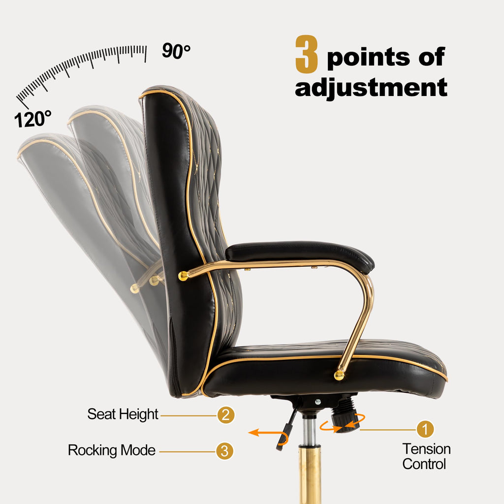 Black and Gold Office Desk Chair,Conference Room Chairs,Mid Back Vintage Executive Leather Chair,Ergonomic Computer Swivel Chair with Rocking Function and Padded Arms,Adjustable Height