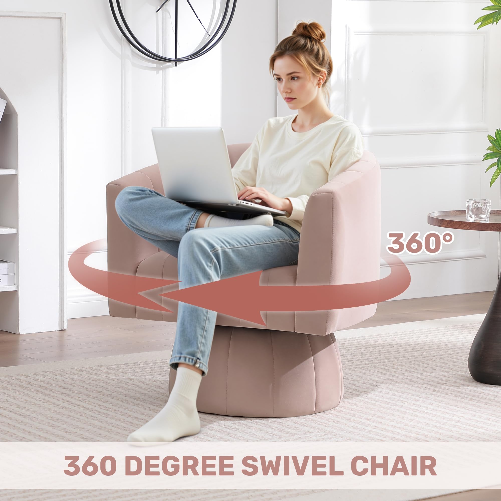 Swivel Accent Barrel Chair, Cute Comfy Small Round 360° Arm Chair. Velvet Sofa Club Reading Chair for Office Living Room Bedroom Pink