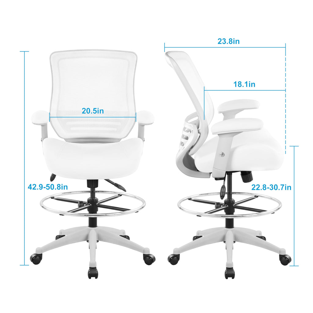 400lbs Mesh Ergonomic Office Drafting Chair Big Adjustable Foot Ring Height Adjustable Armrest (Wht)