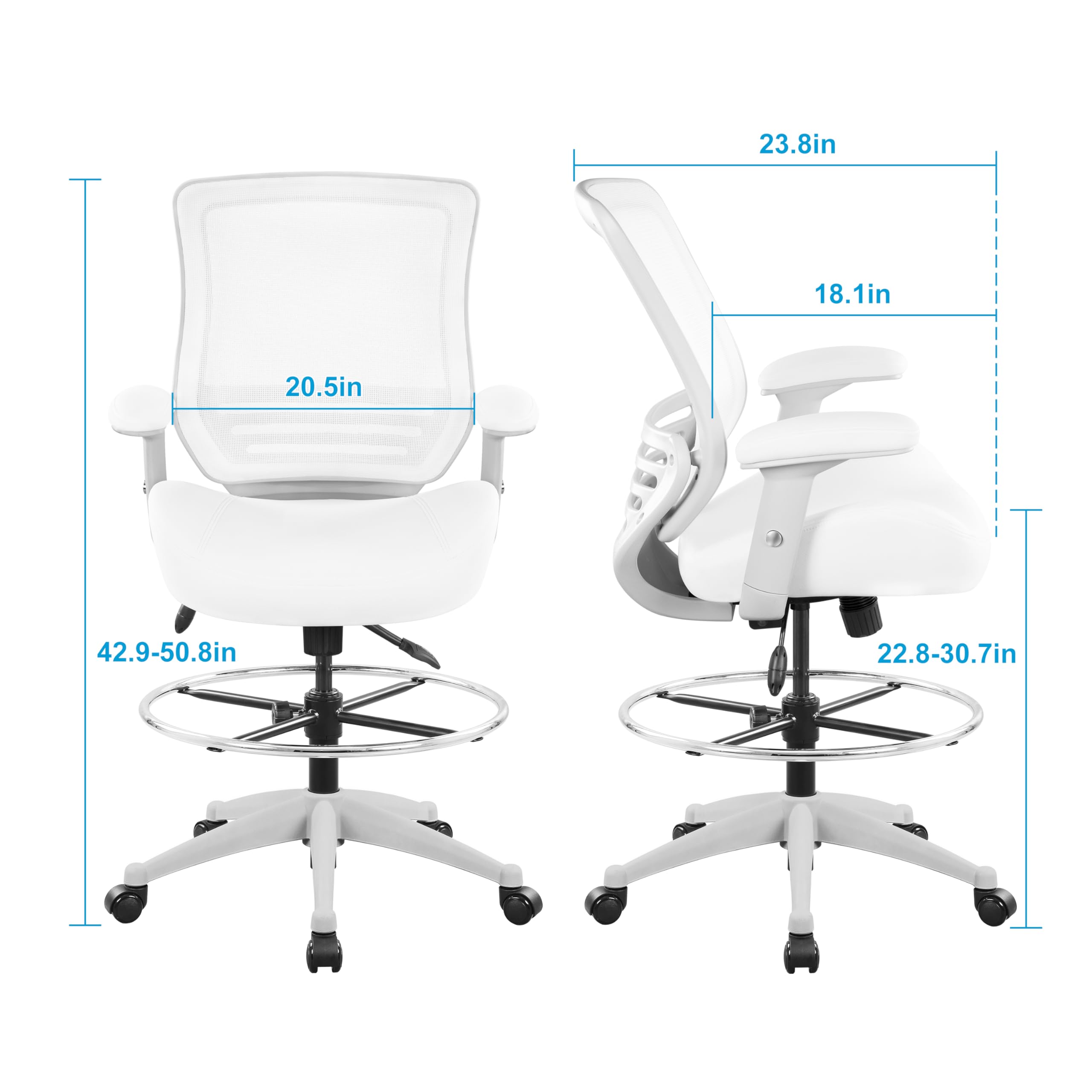 400lbs Mesh Ergonomic Office Drafting Chair Big Adjustable Foot Ring Height Adjustable Armrest (Wht)