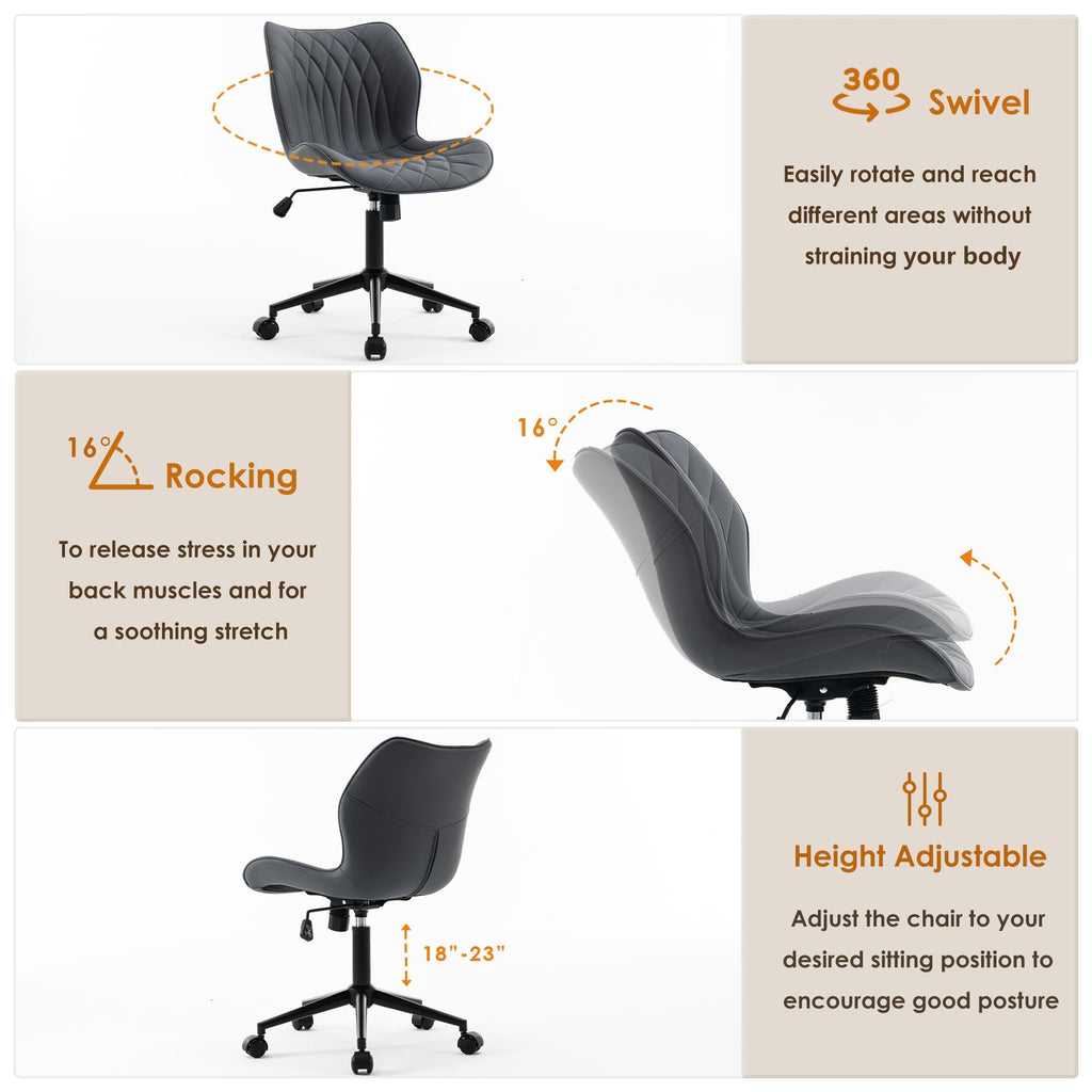 Armless Desk Chair Comfy Office Chair with Wheels HomeTask Chair Adjustable Computer Chairs Modern PU Leather Swivel Chairs Upholstered Makeup Vanity Chair(Grayish Purple)