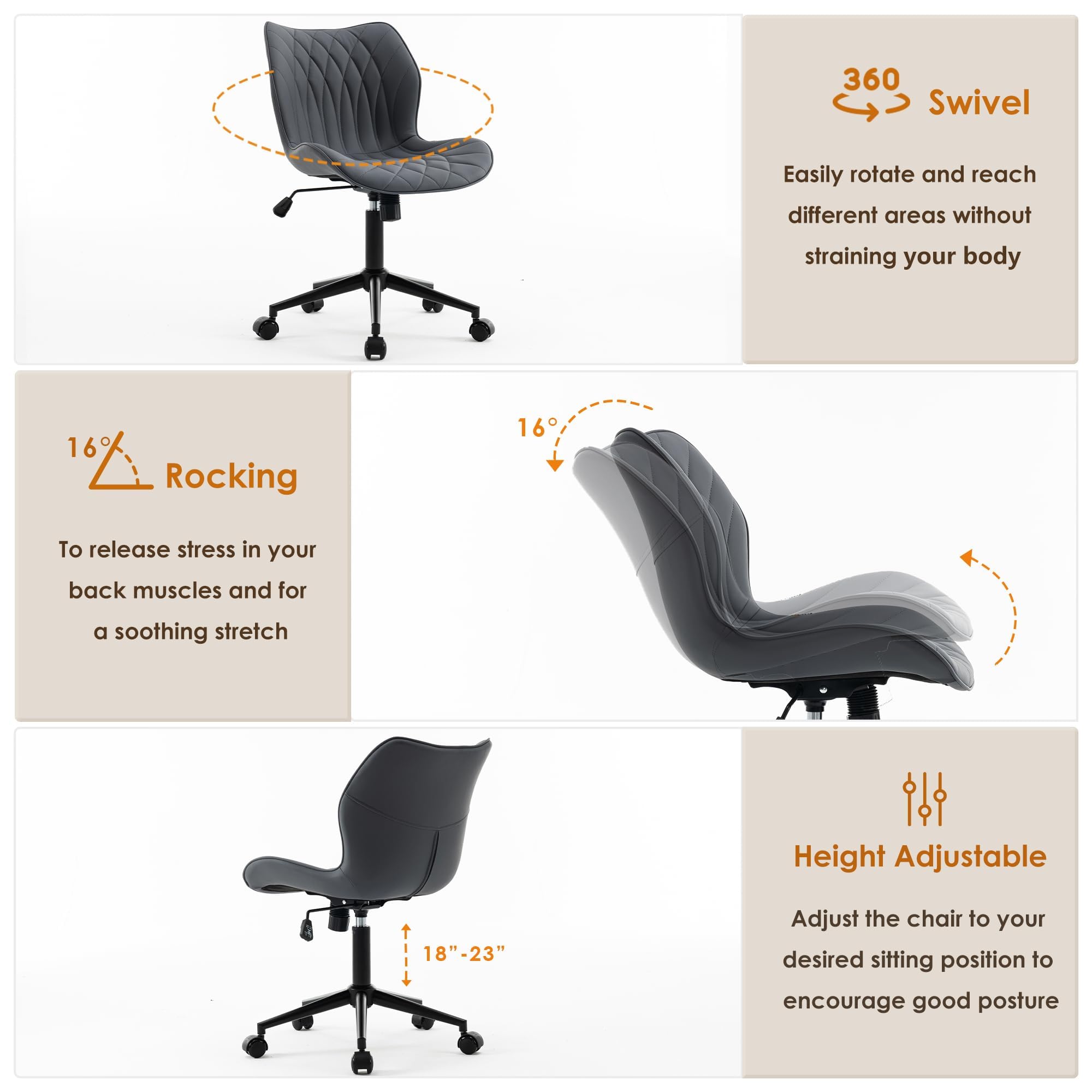 Armless Desk Chair Comfy Office Chair with Wheels HomeTask Chair Adjustable Computer Chairs Modern PU Leather Swivel Chairs Upholstered Makeup Vanity Chair(Grayish Purple)