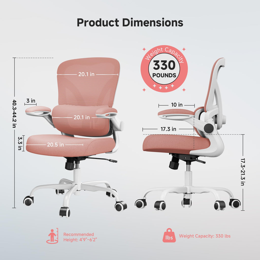 Mesh Office Chair, 330LBS Ergonomic Desk Chair with Adjustable Lumbar Support, Executive Computer Chairs for Home Office, Pink