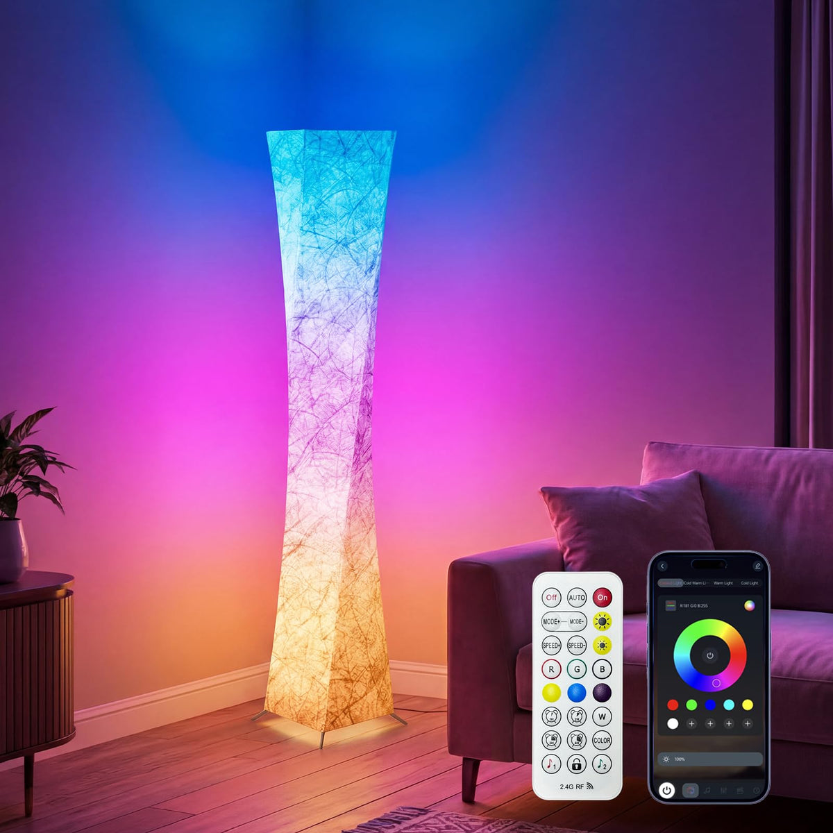 RGB Square Floor Lamp, 61'' Smart LED Corner Lamp with App and Remote Control, 16 Million DIY Colors, Music Sync, Modern Standing Lamp for Living Room Bedroom Gaming