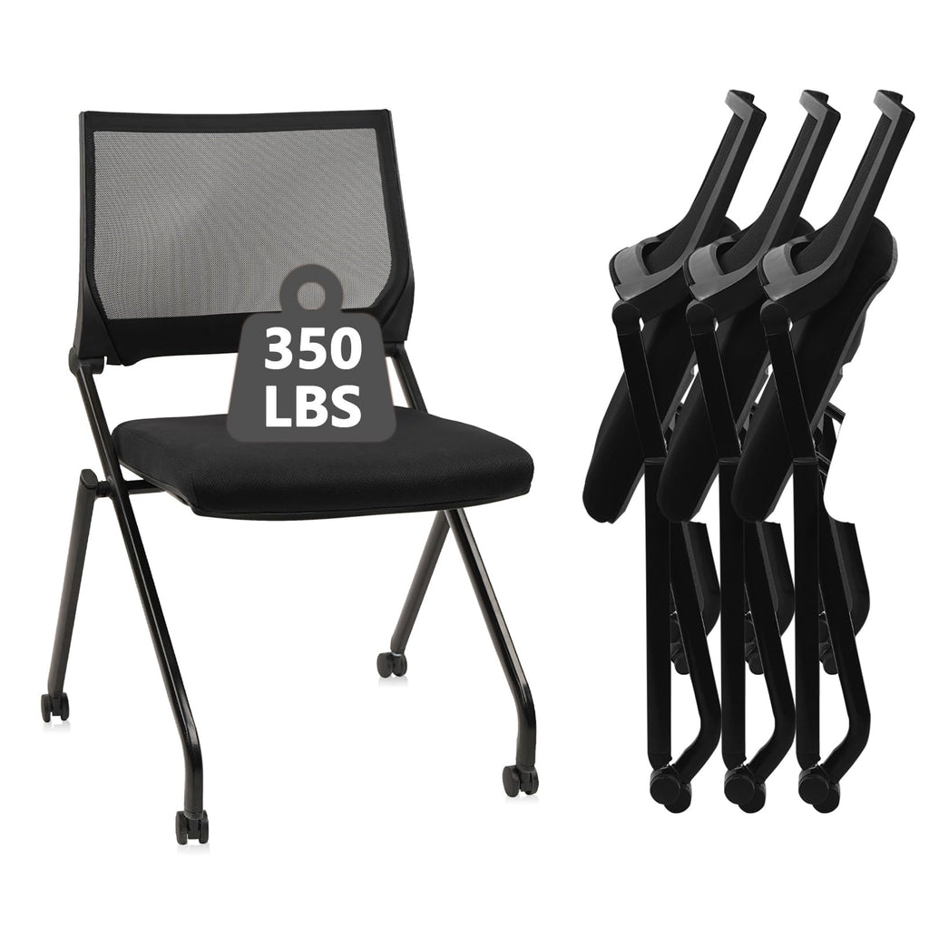 (4pk) Stackable & Foldable Chairs with Wheels, Reception Guest Chairs with Lumbar Support, Ergonomic Mesh Back Folding Chair for Office Schools Training Conference Waiting Room, Black