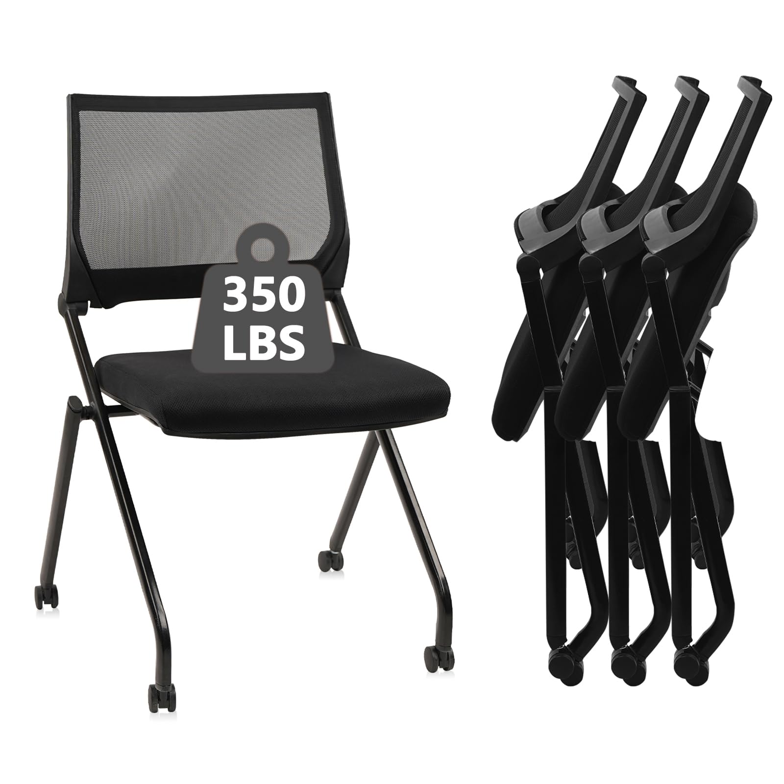 (4pk) Stackable & Foldable Chairs with Wheels, Reception Guest Chairs with Lumbar Support, Ergonomic Mesh Back Folding Chair for Office Schools Training Conference Waiting Room, Black