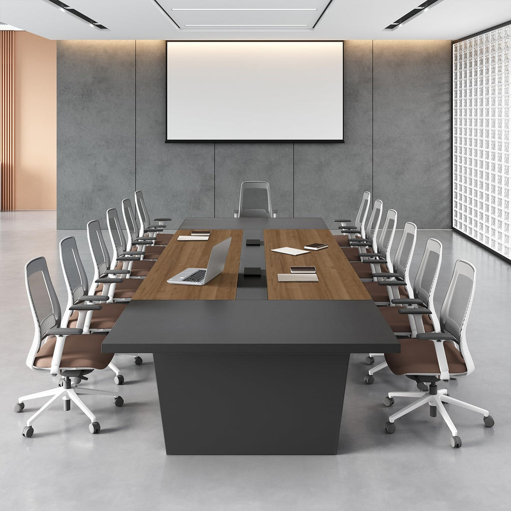 10FT Conference Table for 10 People, Large Rectangular Boardroom Meeting Table with Built-in Power Outlets & USB Ports, 2" Thick Tabletop & Heavy-Duty Base (Walnut & Gray, 118"L x 51"W x 30"H)