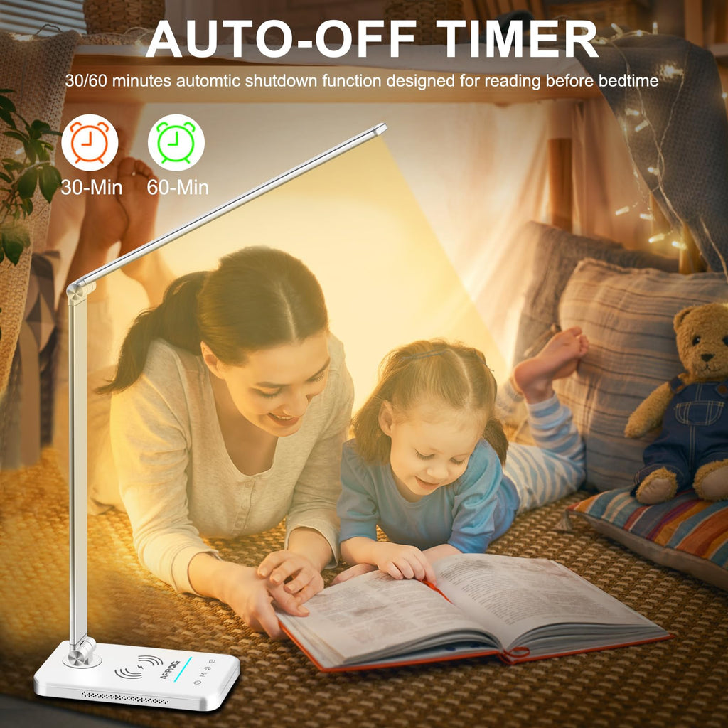 Multifunctional LED Desk Lamp with Wireless Charger, USB Charging Port, 5 Lighting Modes,5 Brightness Levels, Sensitive Control, 30/62 min Auto Timer, Eye-Caring Office Lamp with Adapter