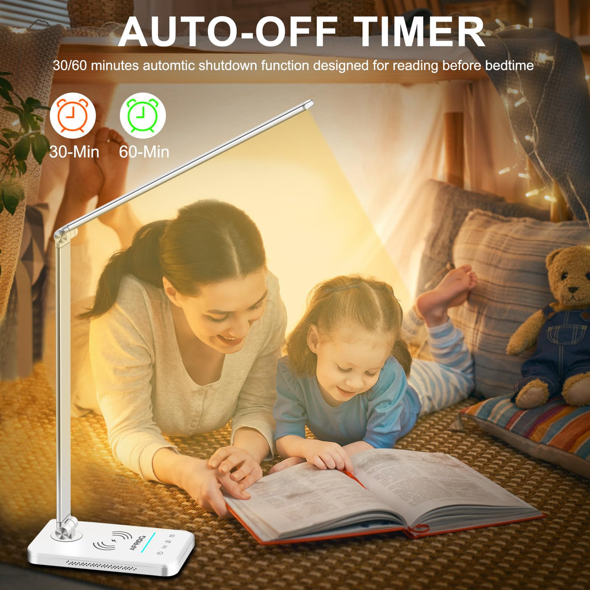 Multifunctional LED Desk Lamp with Wireless Charger, USB Charging Port, 5 Lighting Modes,5 Brightness Levels, Sensitive Control, 30/62 min Auto Timer, Eye-Caring Office Lamp with Adapter