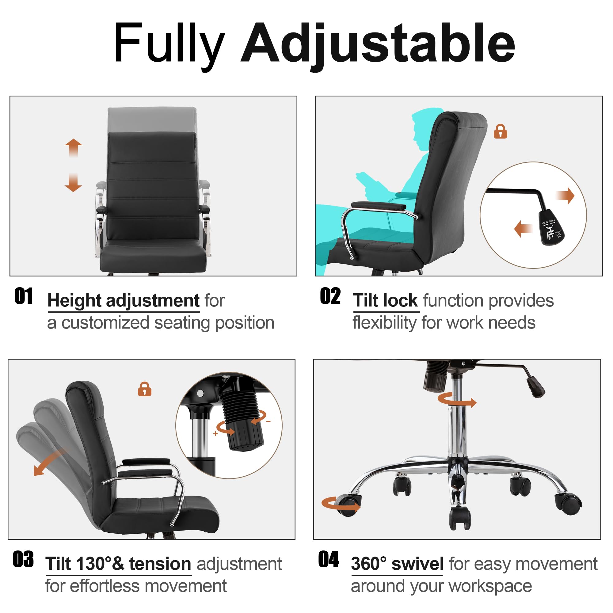 Office Desk Chair,Modern Leather Conference Room Chairs,High Back Ergonomic Home ofiice Chair,Adjustable Height Swivel Executive Computer Chair with Armrest and Padded Seat,Black