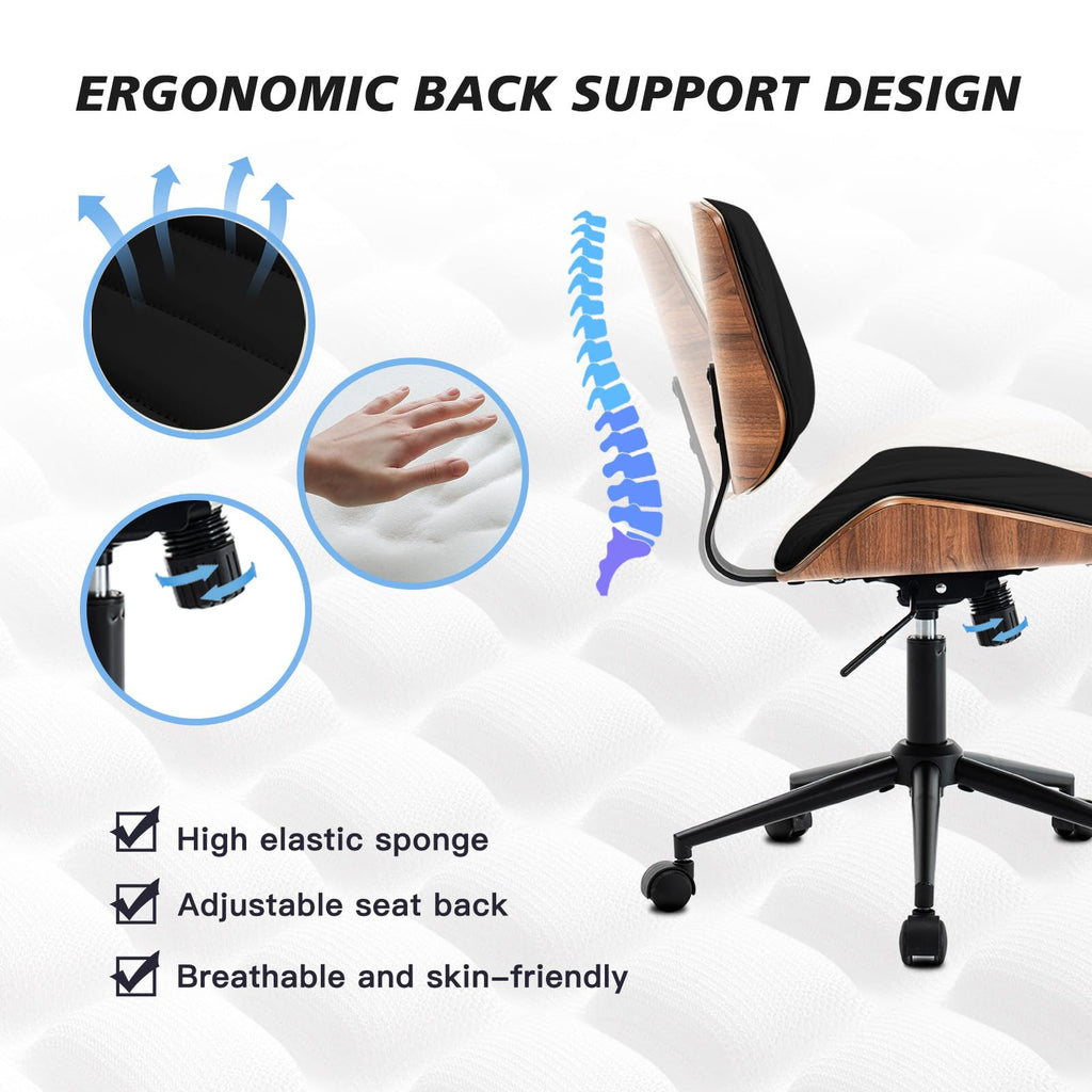 Armless Desk Chair with 360°Swivel Wheels, Ergonomic Adjustable Height Computer Chair for Home Office,PU Leather with Modern Walnut Drafting Chairs for Office, Reading Nook(Black)