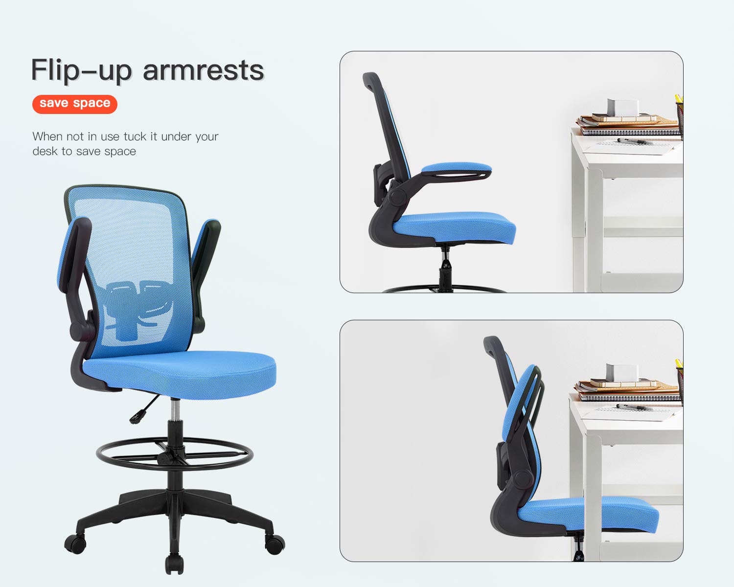 Drafting Chair Tall Office Chair Adjustable Height with Lumbar Support Arms Footrest Mid Back Standing Desk Chair Swivel Rolling Mesh Computer Chair Standing Desk Drafting Stool Blue