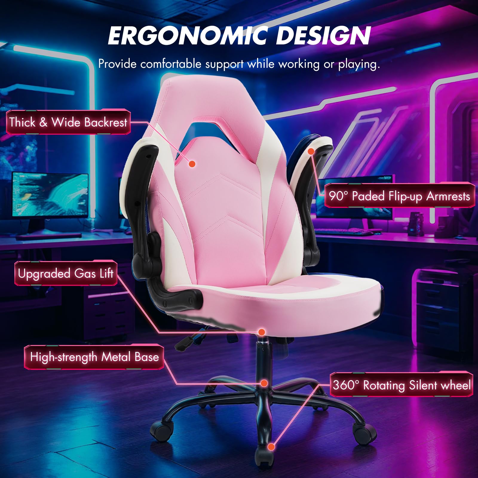 Computer Video Game Desk Chair - Ergonomic Comfy Lumbar Support, PU Leather with Flip-up Armrest, Height Adjustable and 360° Swivel, for Adults, Pink