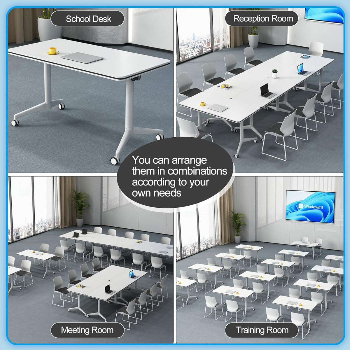 Conference Table, Folding Conference Room Tables, Modern Flip Top Seminar Training Meeting Table with Wheels, Modular Foldable Conference Tables for Home Office Classroom (White 8 Pack,47.2inch)