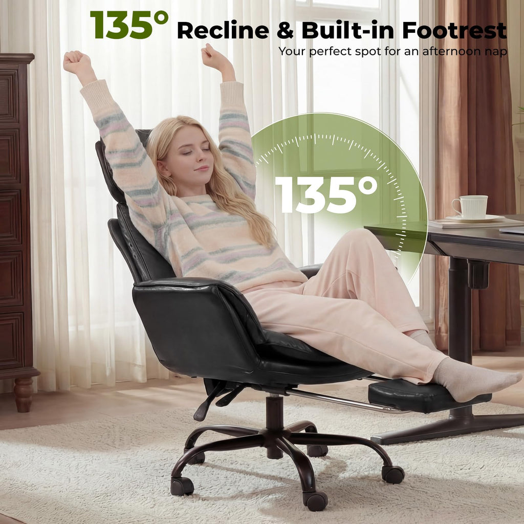 Criss Cross Office Chair with Armrests & Wheels, Comfy Big and Tall Chair, Ergonomic Executive Gaming Computer Chairs with Foot Rest, PU Leather Wide Seat Reclining Desk Chair, Black