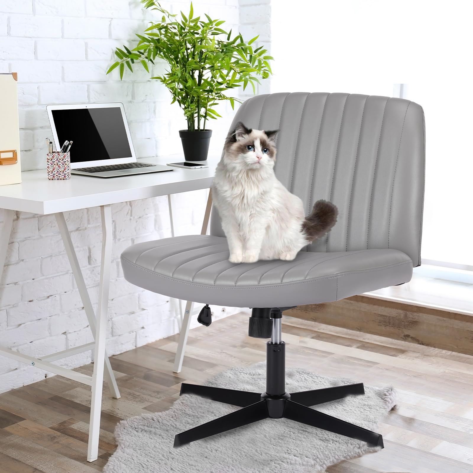 Criss Cross Legged Chairs Armless No Wheels Wide Seat Height Adjustable Swivel Padded PU Leather Home Office Desk Chair for Bedroom, Student, Study Room,Grey