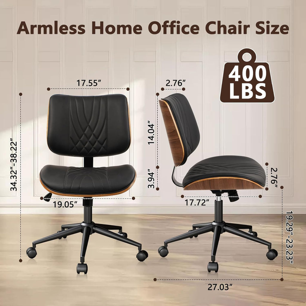 Armless Home Office Chair, Desk Chair with Wheels, Adjustable Height Reading Chair, Leather Mid Back & Swivel Computer Chair, Modern Walnut Chairs with Back for Studio Meeting Room(Black)