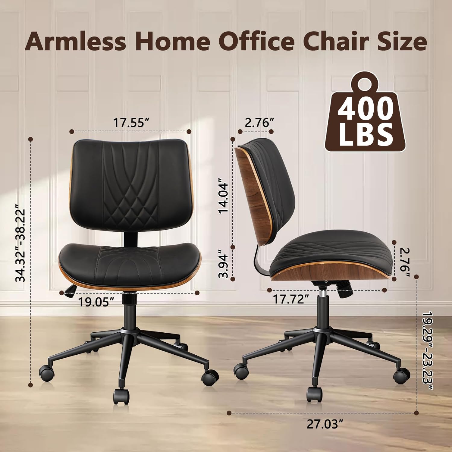 4Pack, Armless Home Office Chair, Desk Chair with Wheels, Adjustable Height Reading Chair, Leather Mid Back & Swivel Computer, Modern Walnut Chairs with Back for Study Meeting Room(Black)