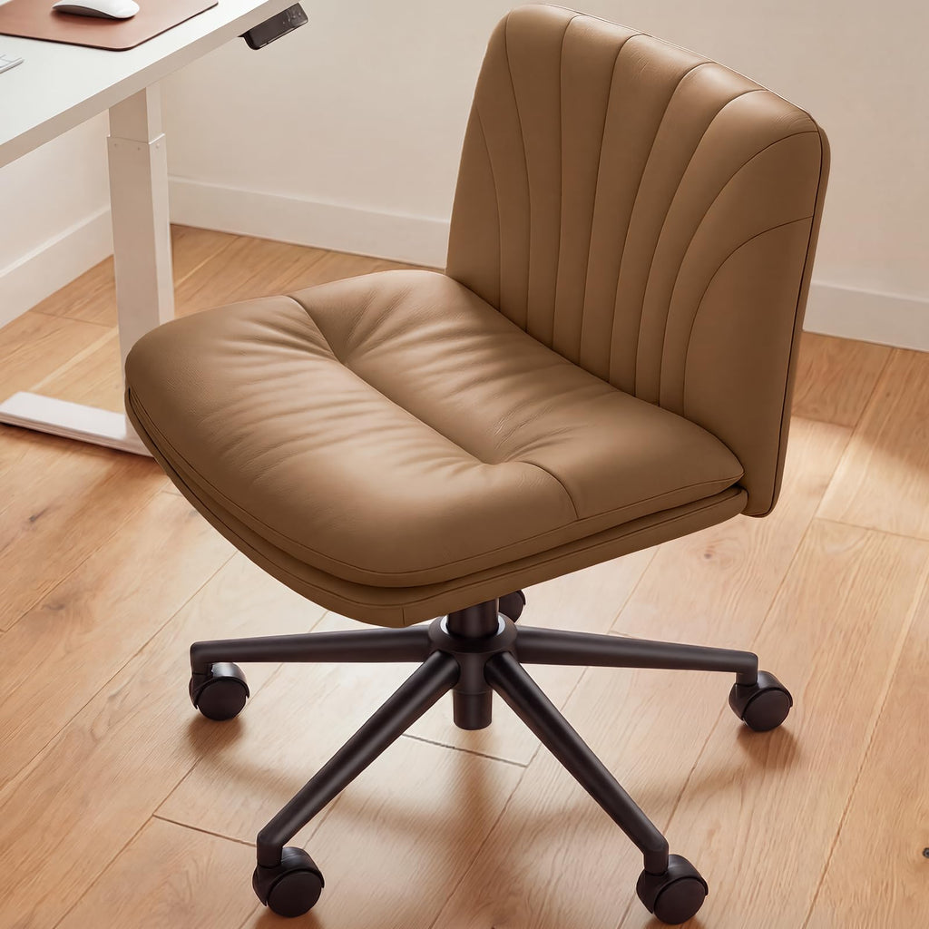 Armless-Office Desk Chair with Wheels: PU Leather Cross Legged Wide Chair,Comfortable Adjustable Swivel Computer Task Chairs for Home,Office,Make Up,Small Space,Bed Room, Brown
