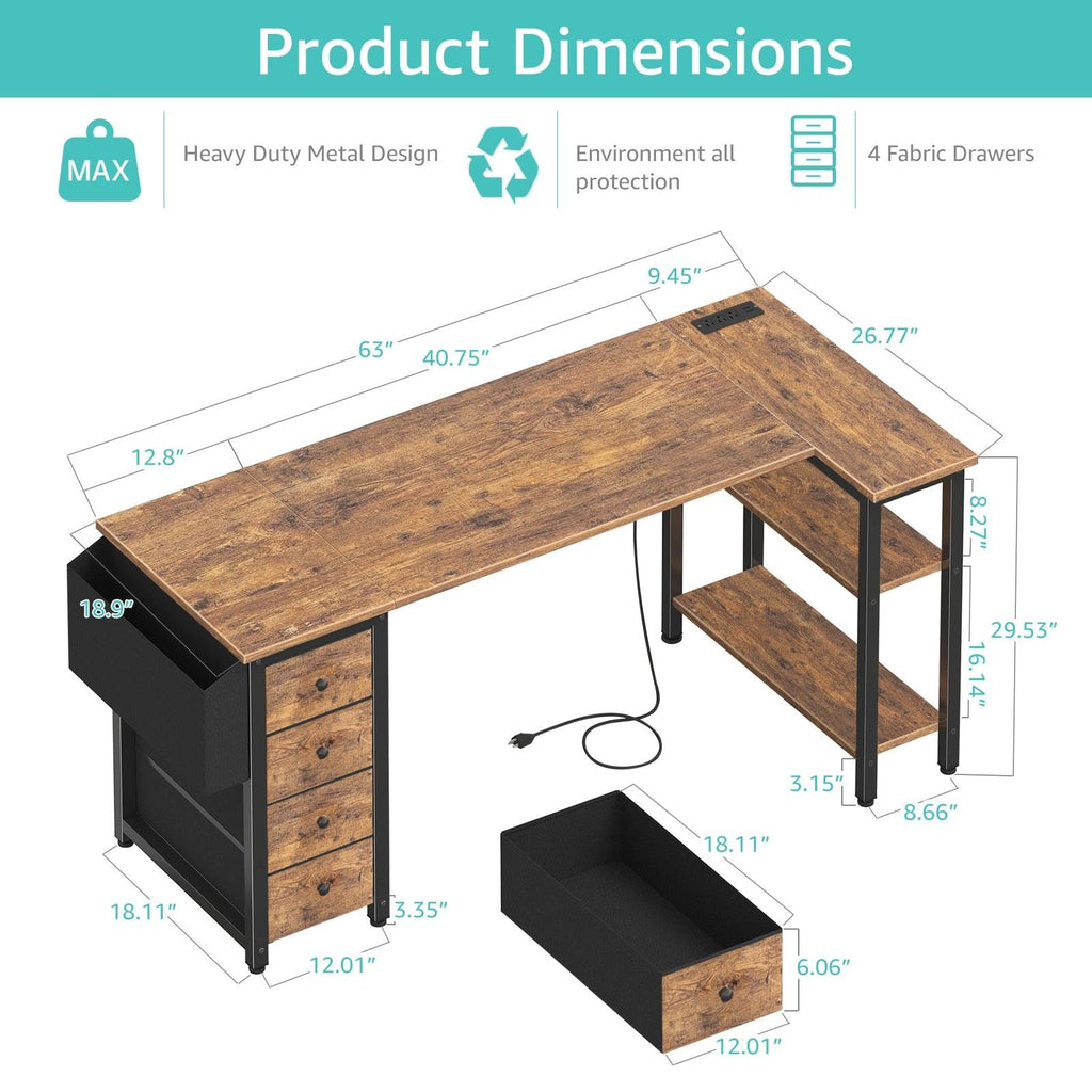 L Shaped Computer Desk with Drawers & Storage Shelves, 63 Inch Corner Desk with Power Outlet for Home Office Bedroom, L-Shaped Teen PC Gaming Desks with Fabric Drawer, Rustic Brown