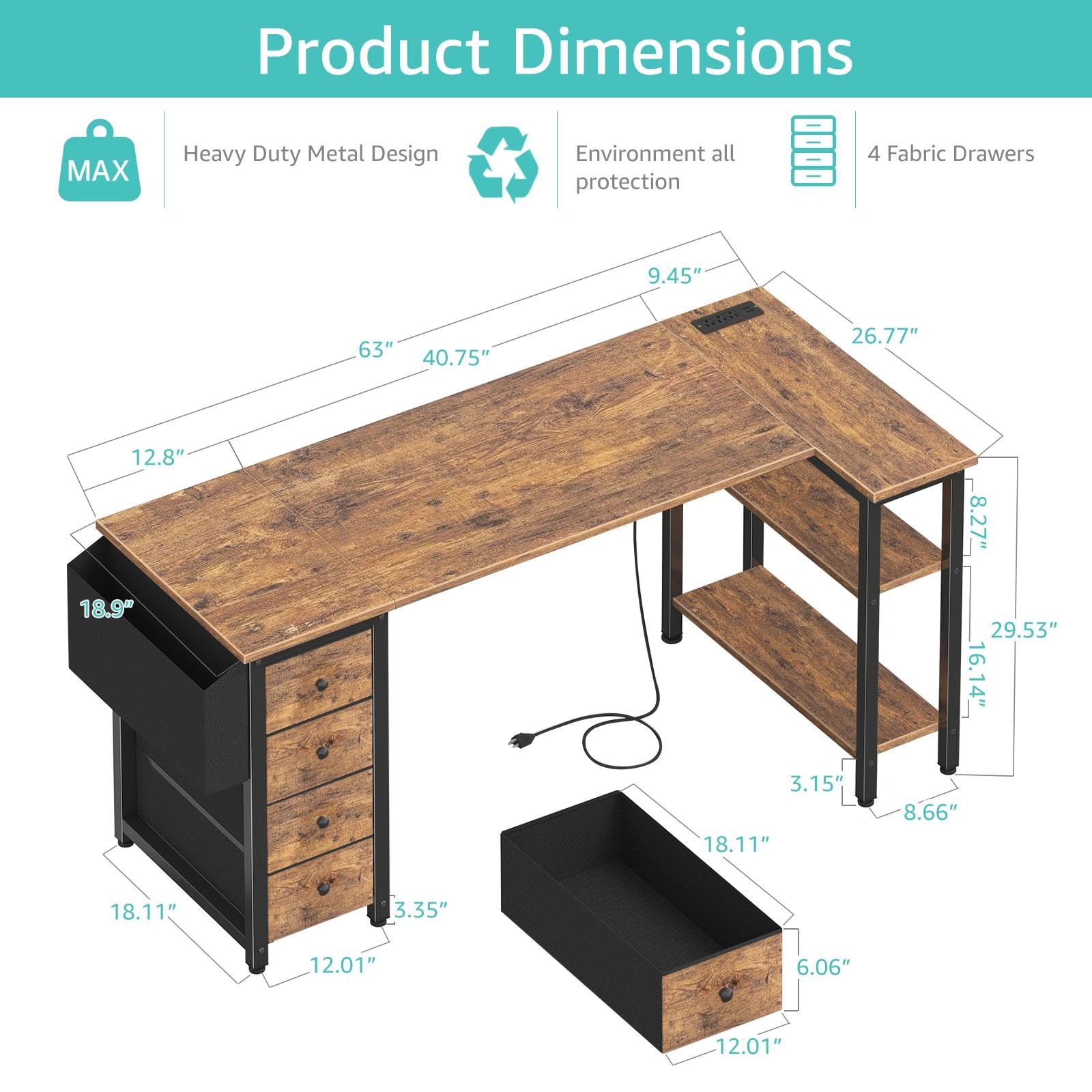 L Shaped Computer Desk with Drawers & Storage Shelves, 63 Inch Corner Desk with Power Outlet for Home Office Bedroom, L-Shaped Teen PC Gaming Desks with Fabric Drawer, Rustic Brown