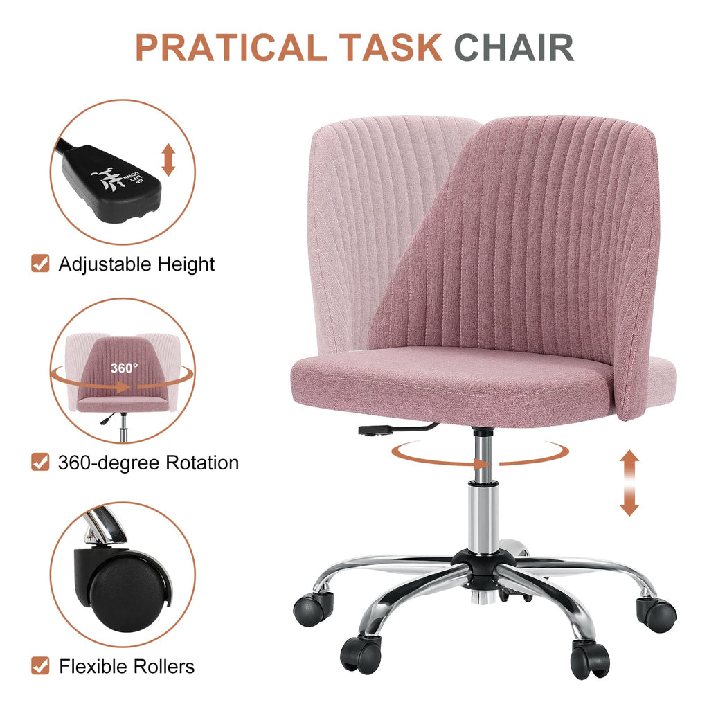 Office Chair, Comfy Desk Chair Rolling Vanity Swivel Task Chairs with Wheels, Wide Seating Armless Height Adjustable Computer Chairs for Home,Bedroom,Student,Adults, Blush