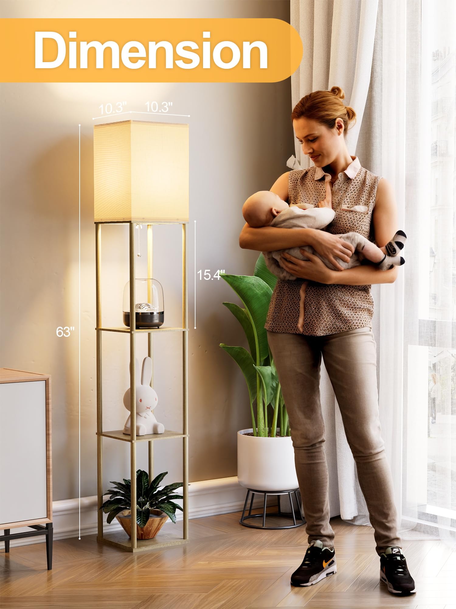 Floor Lamp with Shelves for Living Room Natural Wood, Shelf Floor Lamp with 3 CCT LED Bulb, Corner Display Standing Column Lamp Etagere Organizer Tower Nightstand with White Linen Shade for Bedroom