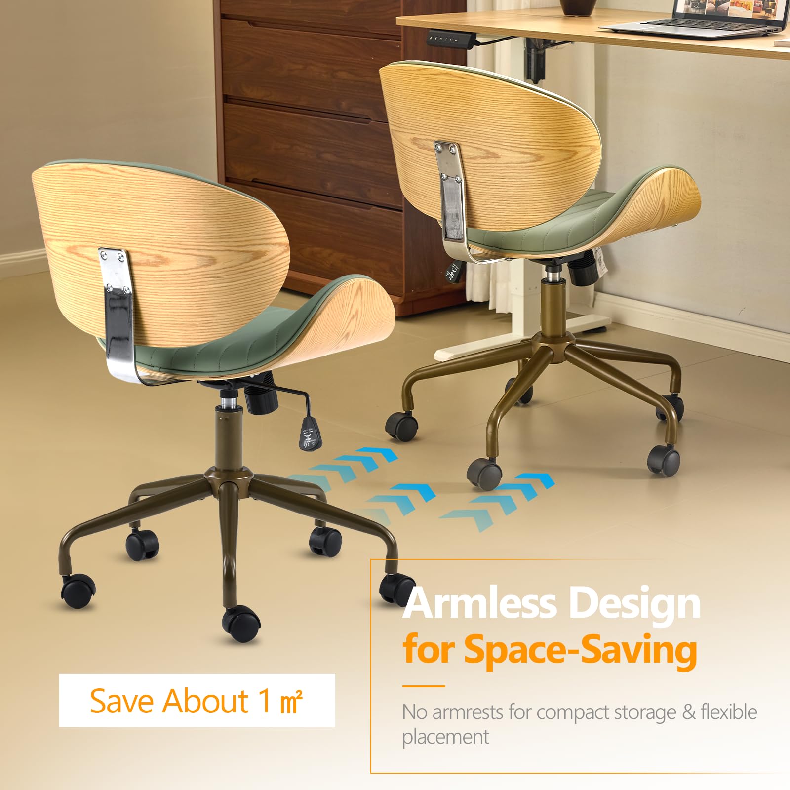 Wide Comfotable Swivel Home Office Chair with Wood-Grain Curved Shell,Ergomomic Mid-Back Padded Armless Rolling Desk Chair with Wheels,Height Adjustable for Computer,Task,Work,PU Leather,Green