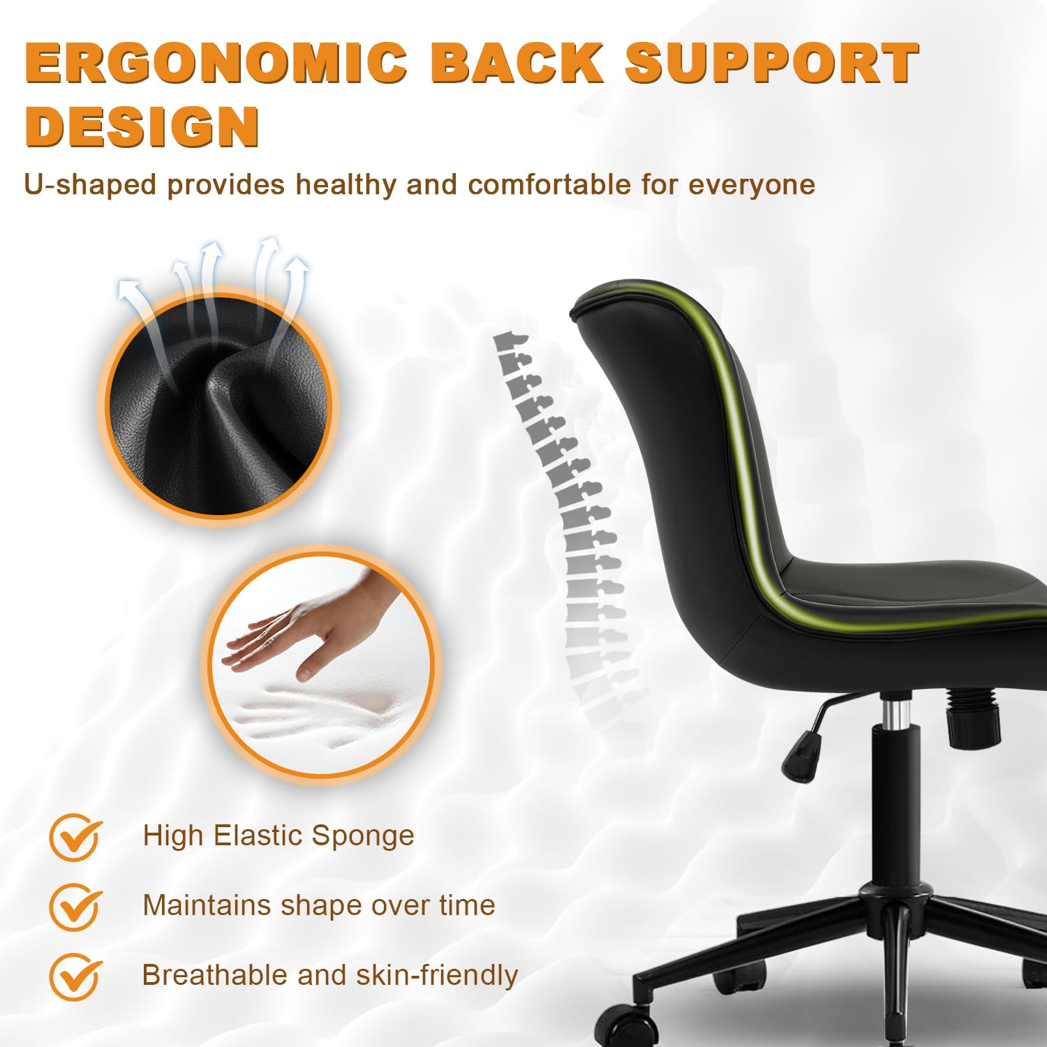Armless Office Chair, Height Adjustable Desk Chair with Wheels, Ergonomic Comfy 360° Swivel Home Office Computer Task Chair, Faux Leather Padded Cute Vanity Chair,Black