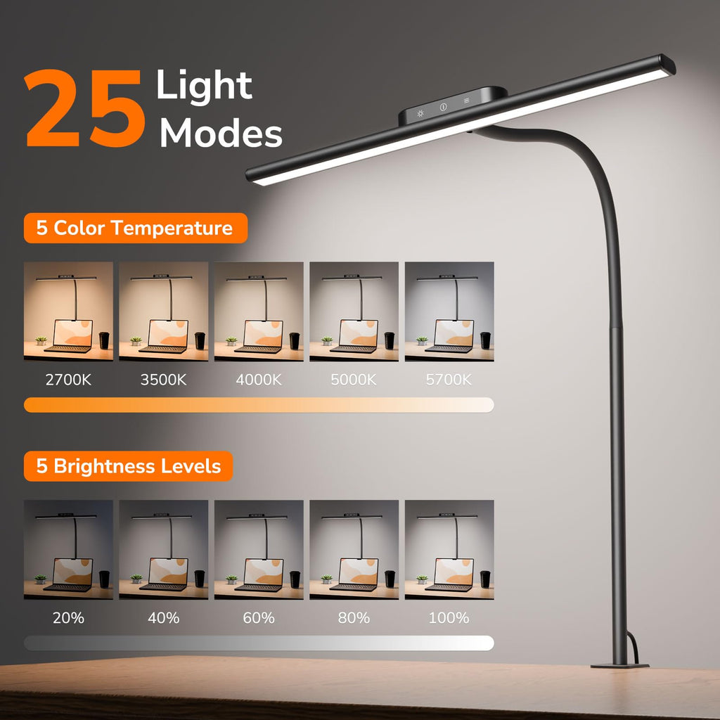 Led Desk Lamp for Office, Metal Architect Lamp with Clamp, 11W 650LM Eye-Caring Task Light, 25 Lighting Modes, Flexible Gooseneck for Monitor, Workbench, Drafting, Crafts, Reading, Black