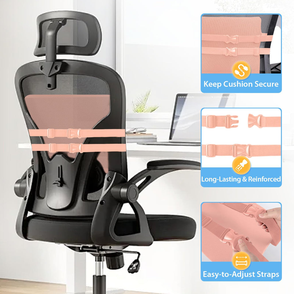 Lumbar Support Pillow for Office Chair, Car & Gaming Chair, Ergonomic Memory Foam Cushion for Back Comfort, Zoned Back Support, Double Adjustable Straps, Breathable Washable Cover, Pink