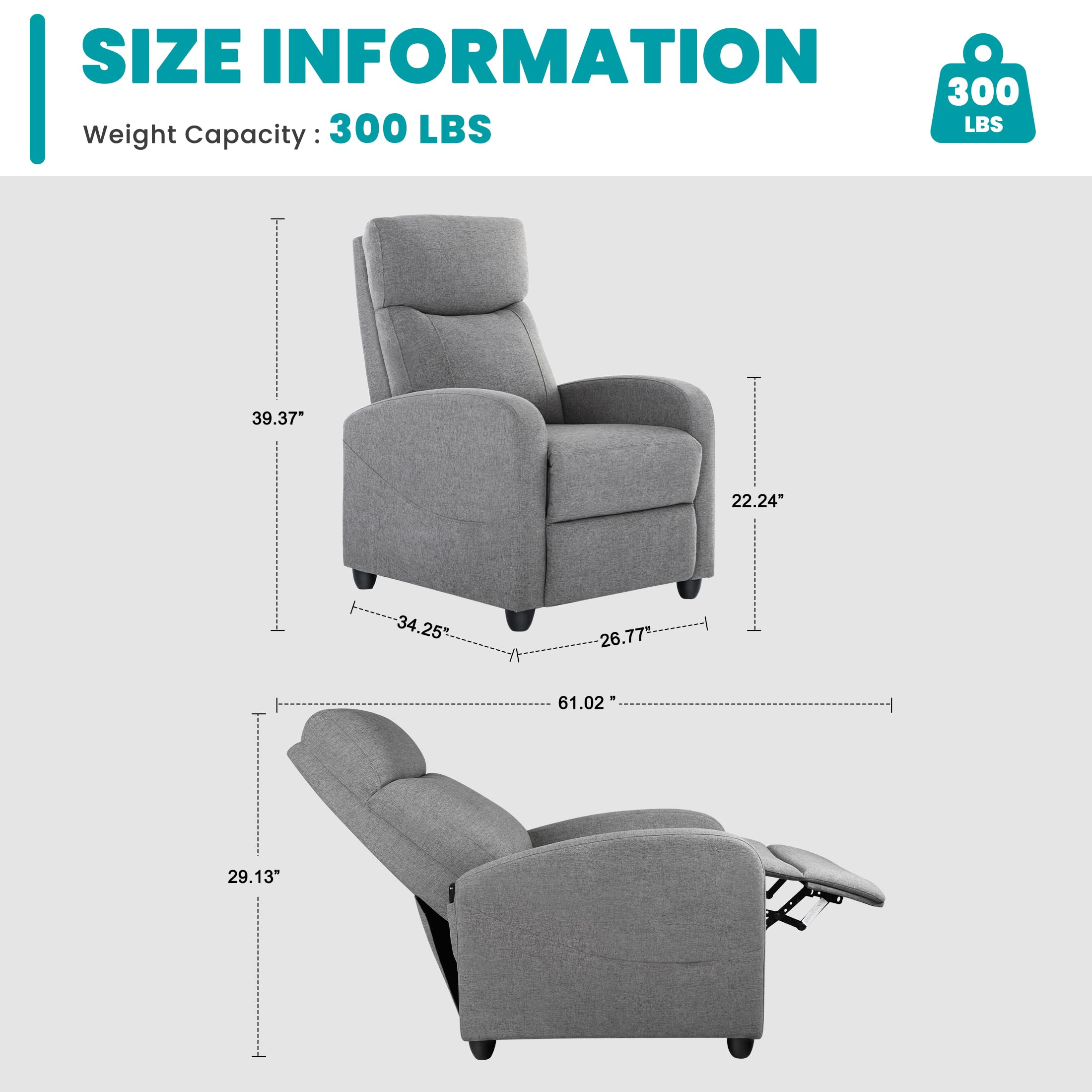 Recliner Chair Fabric Recliner Sofa No Massage, Home Theater Seating with Lumbar Support, Adjustable Push Back Overstuffed High-Density Sponge Reclining for Living Room, Grey