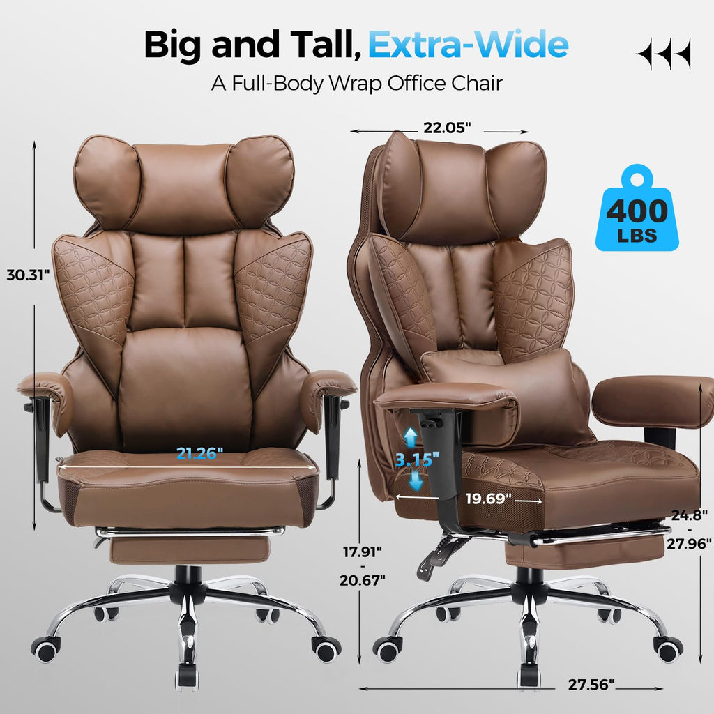 Big and Tall Gaming Chair 400lbs Heavy Duty Office Chair with Foot Rest & Ergonomic Pocket Spring Lumbar Support, High Back 3D Saddle Shaped Cushion for Back Pain Relief, Brown